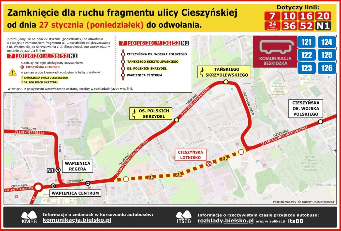 Zmiana organizacji ruchu na ulicy Cieszyńskiej, objazd przez ulica Skrzydlewskiego i Tańskiego