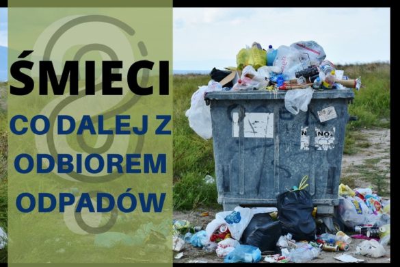 Grafika z napisem Śmieci, co dalej z odbiorem odpadów. W tle metalowy kontener pełny śmieci