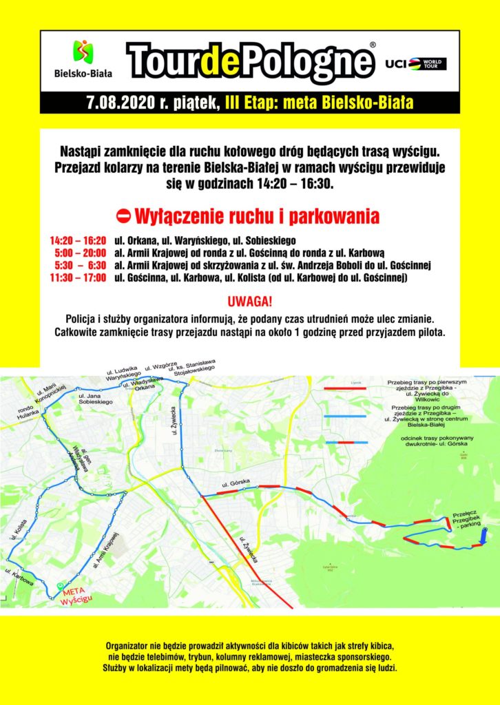 Mapa utrudnień w związku z metą etapu Tour de Pologne w Bielsku-Białej