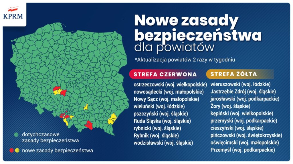 Mapa Polski z zaznaczonymi powiatami czerwonymi i żółtymi z dnia 8 sierpnia 2020 roku z wypisanymi po prawej stronie powiatami objętymi dodatkowymi obostrzeniami
