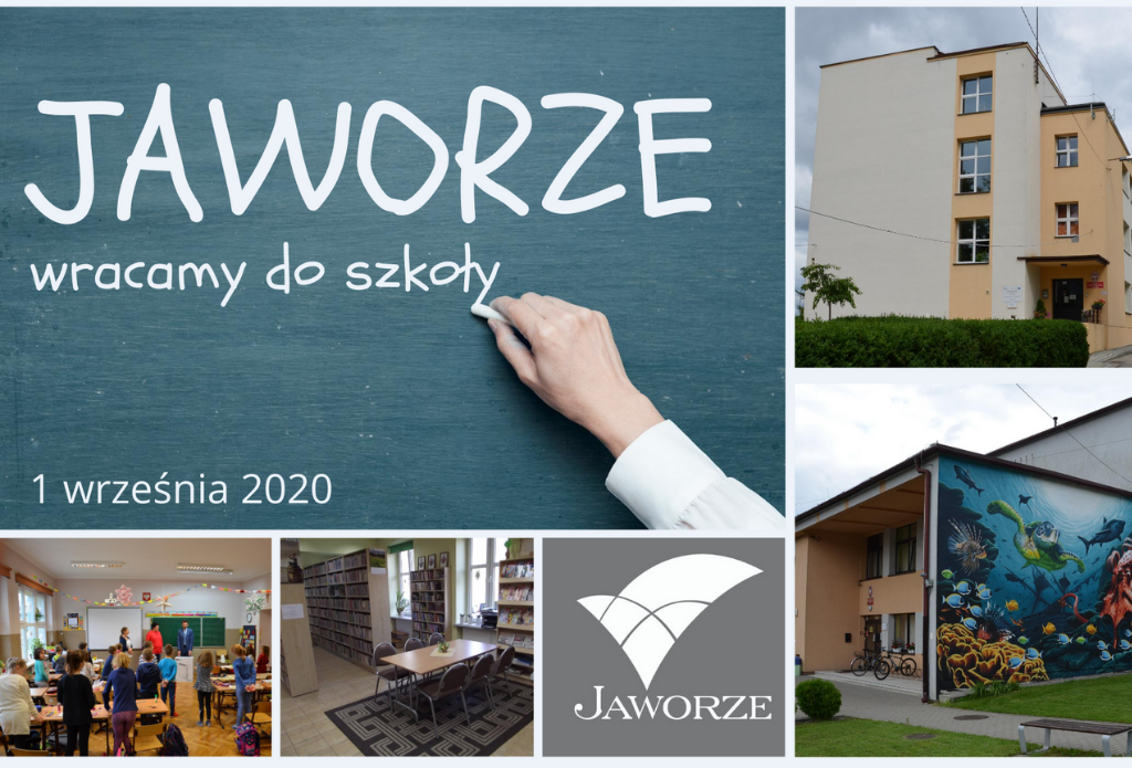 Grafika prezentująca Jaworzańskie szkoły oraz napis Jaworze wracamy do szkoły