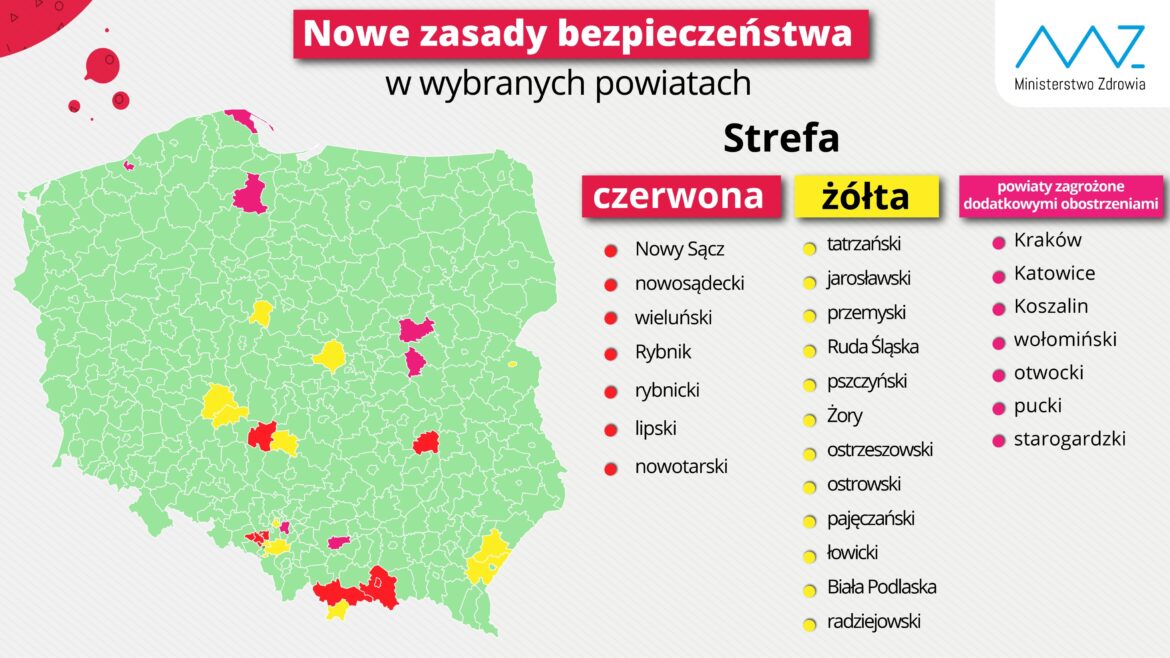 Mapa Polski z zaznaczonymi strefami czerwonymi, żółtymi i strefami podwyższonego ryzyka na dzień 20 sierpnia.