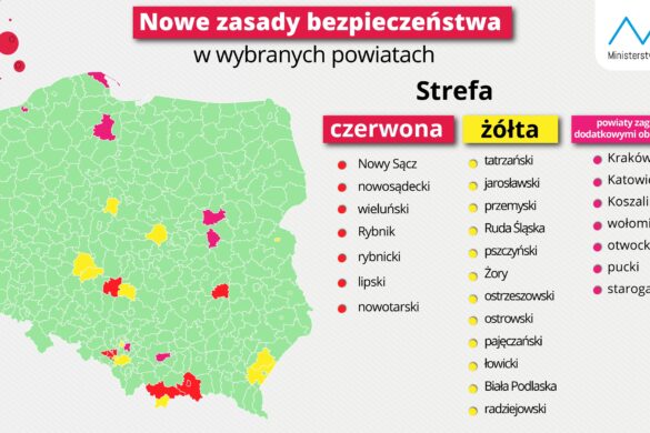 Mapa Polski z zaznaczonymi strefami czerwonymi, żółtymi i strefami podwyższonego ryzyka na dzień 20 sierpnia.