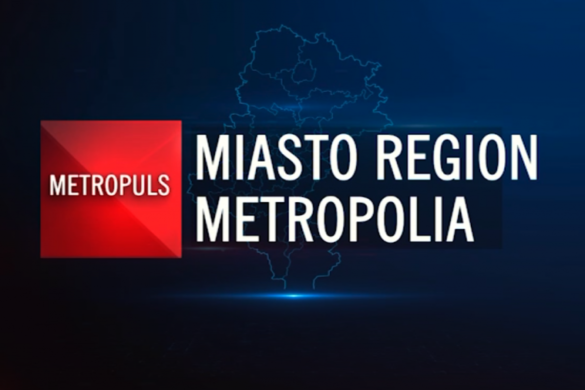 Czerwony kwadrat z napisem metropuls oraz napis miasto region metropolia. w tle konturowa mapa województwa śląskiego