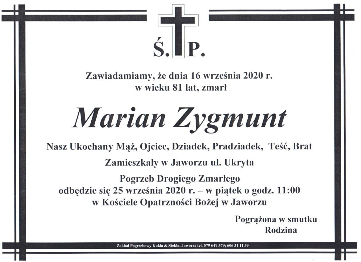 Klepsydra z informacjami na temat śmierci i pgrzebu Mariana Zygmunta zamieszczonymi w tekście.