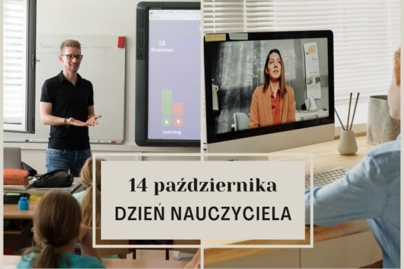 Grafika przedzielona na pół, po jednej stronie zajęcia lekcyjne prowadzone w klasie, po drugiej uczeń przed ekranem komputera. Na dole napis 14 października dzień nauczyciela.