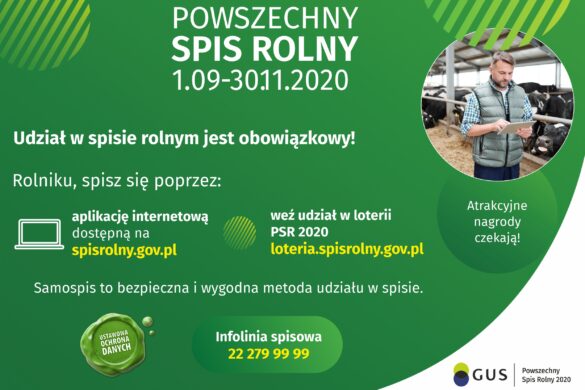 Zielone tło, dane kontaktowe i informacje nt Powszechnego Spisu Rolnego. w prawym górnym rogu Rolnik z tabletem w oborze