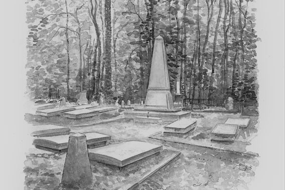 Grafika, kwatera hrabiowska, obelisk w kształcie piramidy, płyty nagrobkowe, w tle drzewa.