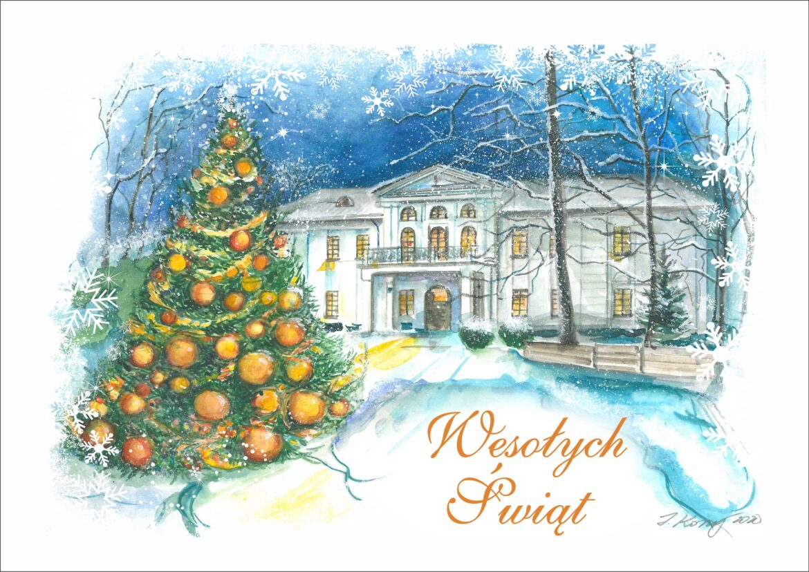 Obrazek- w zimie ustrojona choinka, w tle budynek pałacu w Jaworzu oraz napis Wesołych Świąt