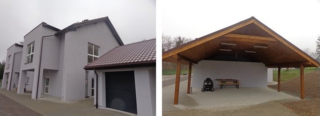 Dwa zdjęcia przedstawiające: lewe zdjęcie - dwukondygnacyjny budynek, prawe wiatę grillową z dachem