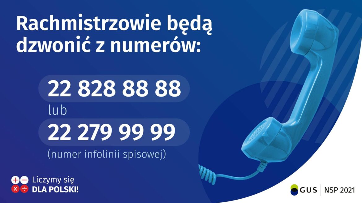 Na niebieskim tle widnieje napis: "Rachmistrzowie będą dzwonić z numerów: 22 828 88 88 lub 22 279 99 99 (numer infolinii spisowej)". Z prawej strony umieszczona jest grafika ze słuchawką telefonu; na dole znajduje się hasło: "Liczymy się dla Polski" oraz logo spisowe.