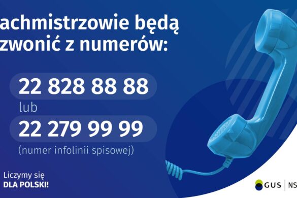 Na niebieskim tle widnieje napis: "Rachmistrzowie będą dzwonić z numerów: 22 828 88 88 lub 22 279 99 99 (numer infolinii spisowej)". Z prawej strony umieszczona jest grafika ze słuchawką telefonu; na dole znajduje się hasło: "Liczymy się dla Polski" oraz logo spisowe.