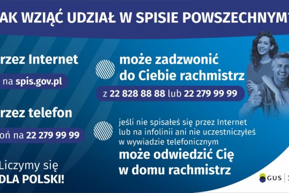 Na górze grafiki umieszczony jest napis: "Jak wziąć udział w spisie powszechnym"?, a poniżej podane są metody: "przez Internet - wejdź na spis.gov.pl"; "przez telefon - zadzwoń na 22 279 99 99"; "może zadzwonić do Ciebie rachmistrz - z 22 828 88 88 lub 22 279 99 99"; "jeśli nie spisałeś się przez Internet lub na infolinii ani nie uczestniczyłeś w wywiadzie telefonicznym może odwiedzić Cię w domu rachmistrz". Z prawej strony umieszczone jest zdjęcie z kilkoma osobami, a na samym dole znajdują się: hasło "Liczymy się dla Polski" oraz logo spisowe.