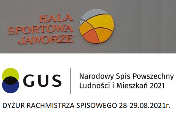 symbol piłki sportowej w raz z napisem "Hala Sportowa Jaworze" na szarym tle, poniżej logotyp GUSu i informacja o dyżurze rachmistrza spisowego