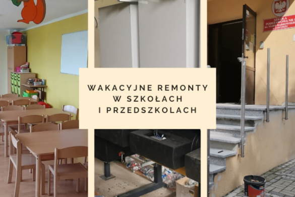 Grafika składająca się z 3 obrazów. Pierwszy to widok na salę lekcyjną z krzesłami i ławkami. Drugi to widok na piece gazowe. Trzeci do remontowane schody w wejściu do szkoły.