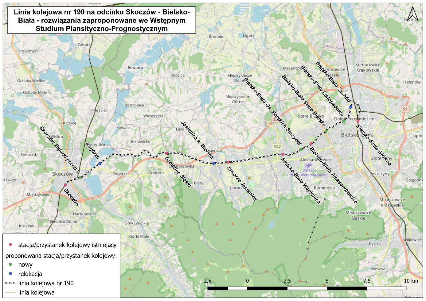 Mapa przedstawiająca wynikowe rozwiązania dot. linii kolejowej 190