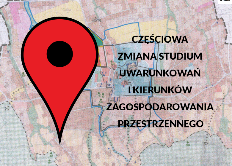 Mapa gminy Jaworze, na niej grafika z pinezką, obok napis: częściowa zmiana studium uwarunkowań i kierunków zagospodarowania przestrzennego